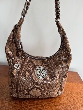 Brighton Nora Hobo Leather Python Print Shoulder Bag with Silver Medallion